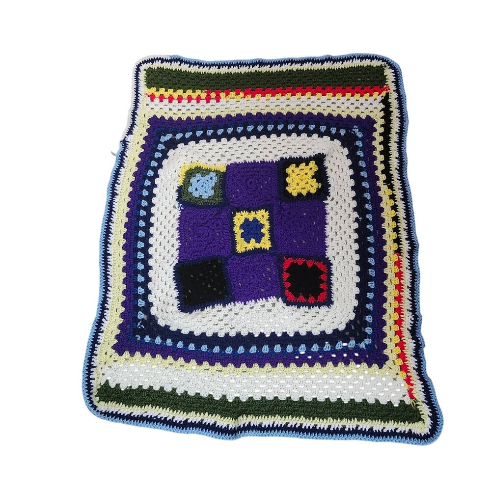 Handmade Crochet Lap Afghan Throw Blanket 41x32 Navy Yellow Granny Patchwork